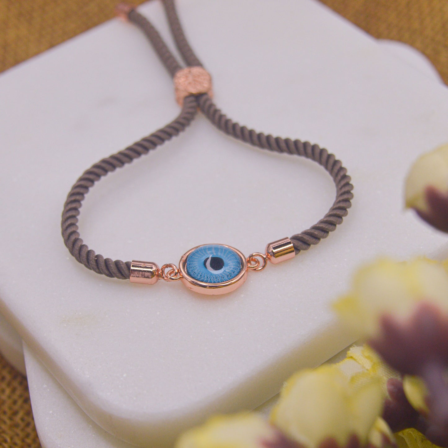 Water Blue Evil Eye Bracelet in Brown Band  - Silver