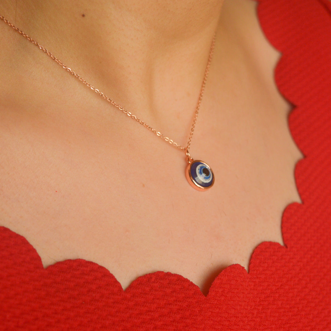 Blue White Nazar Battu Evil Eye Necklace (Rose Gold )