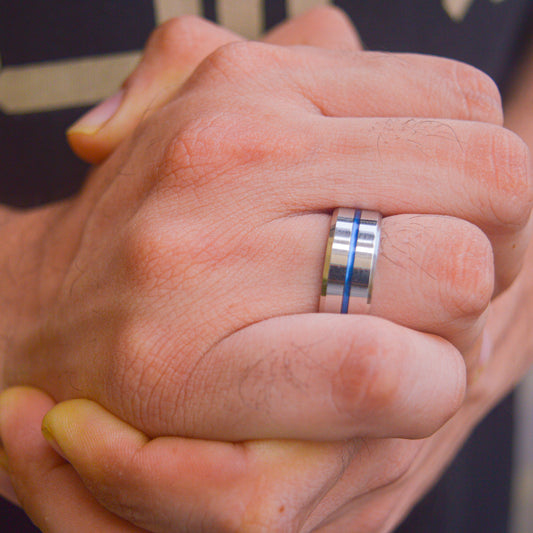 Men Blue Cut Silver Promise Ring ( Size 11 US )