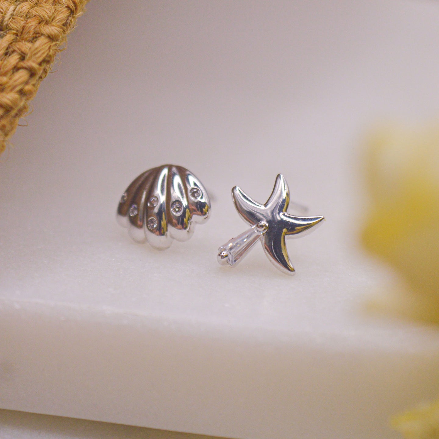 Ocean Oyster Shell Starfish Ear Studs Earrings - Silver