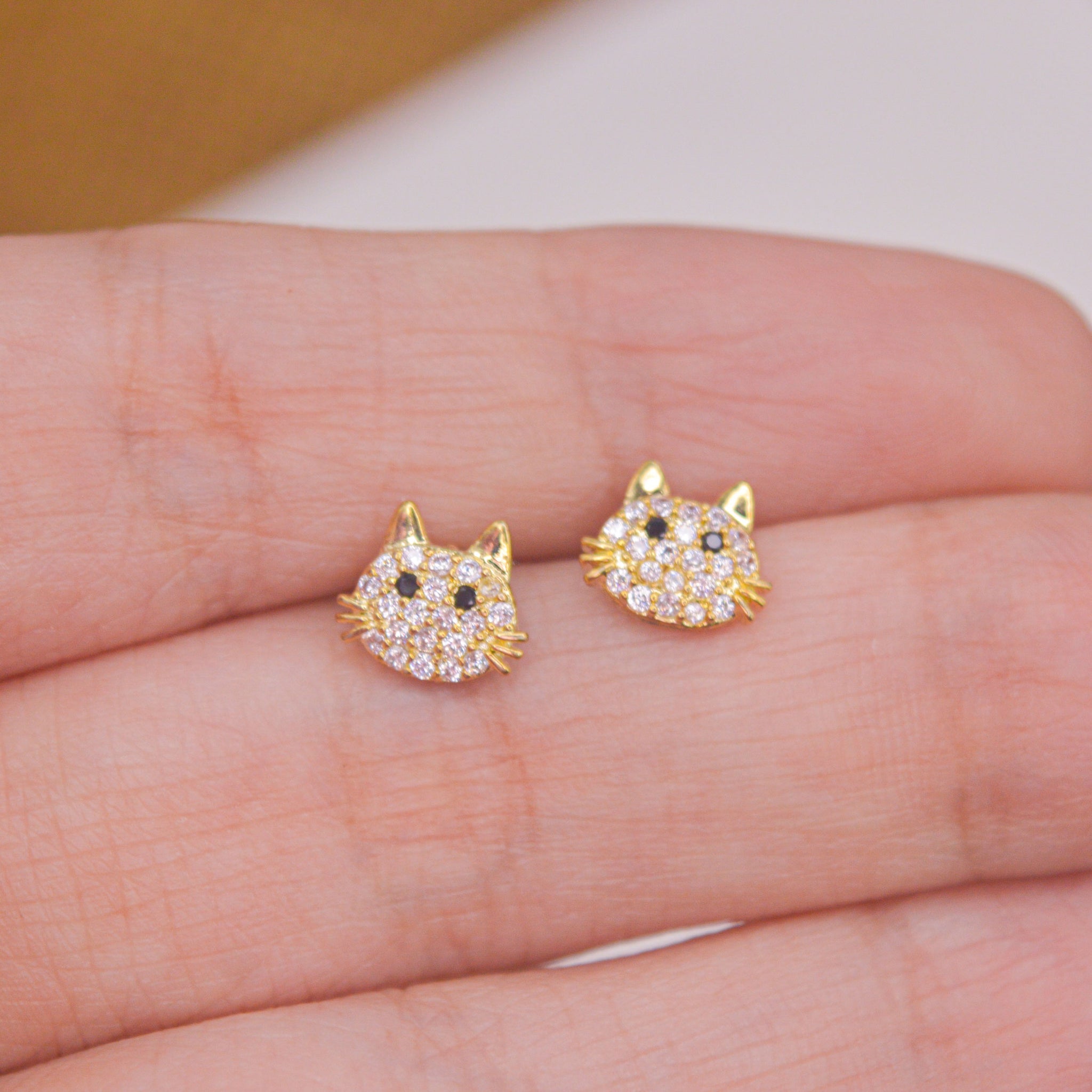 14K Solid Gold CZ Cat Stud Earrings 14K Solid Gold - Etsy