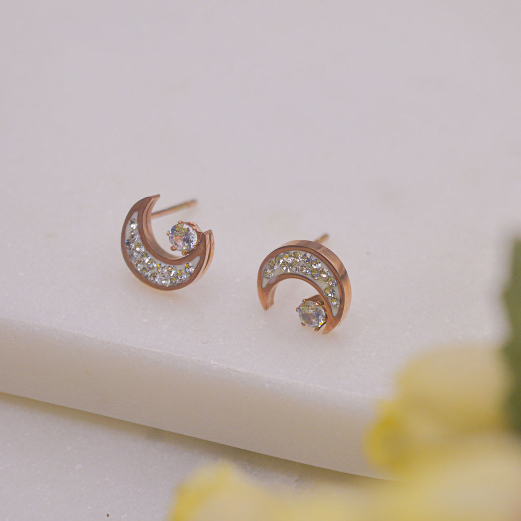 Crescent Moon Star Shiny White Earrings Ear Studs - Rose Gold