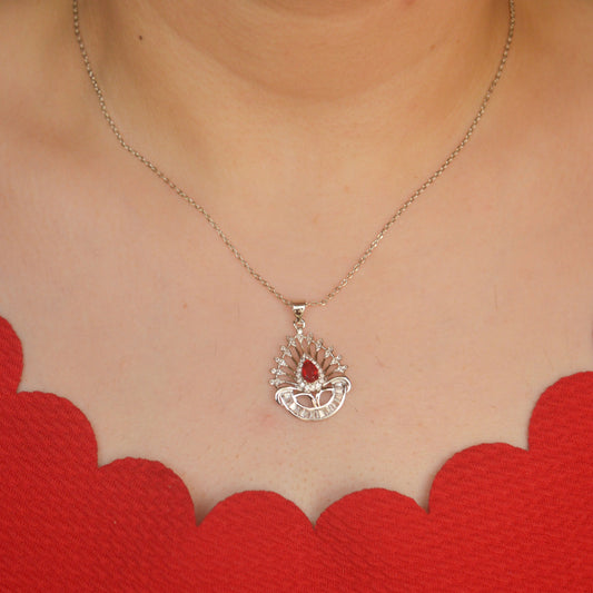Red Peacock Necklace - Silver