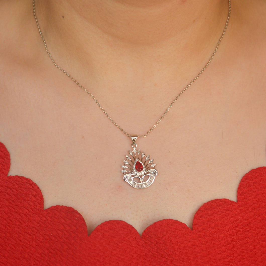 Red Peacock Necklace - Silver