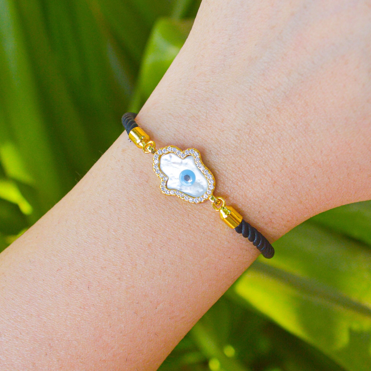 Hamsa Hand Evil Eye Black Band Bracelet (Gold)