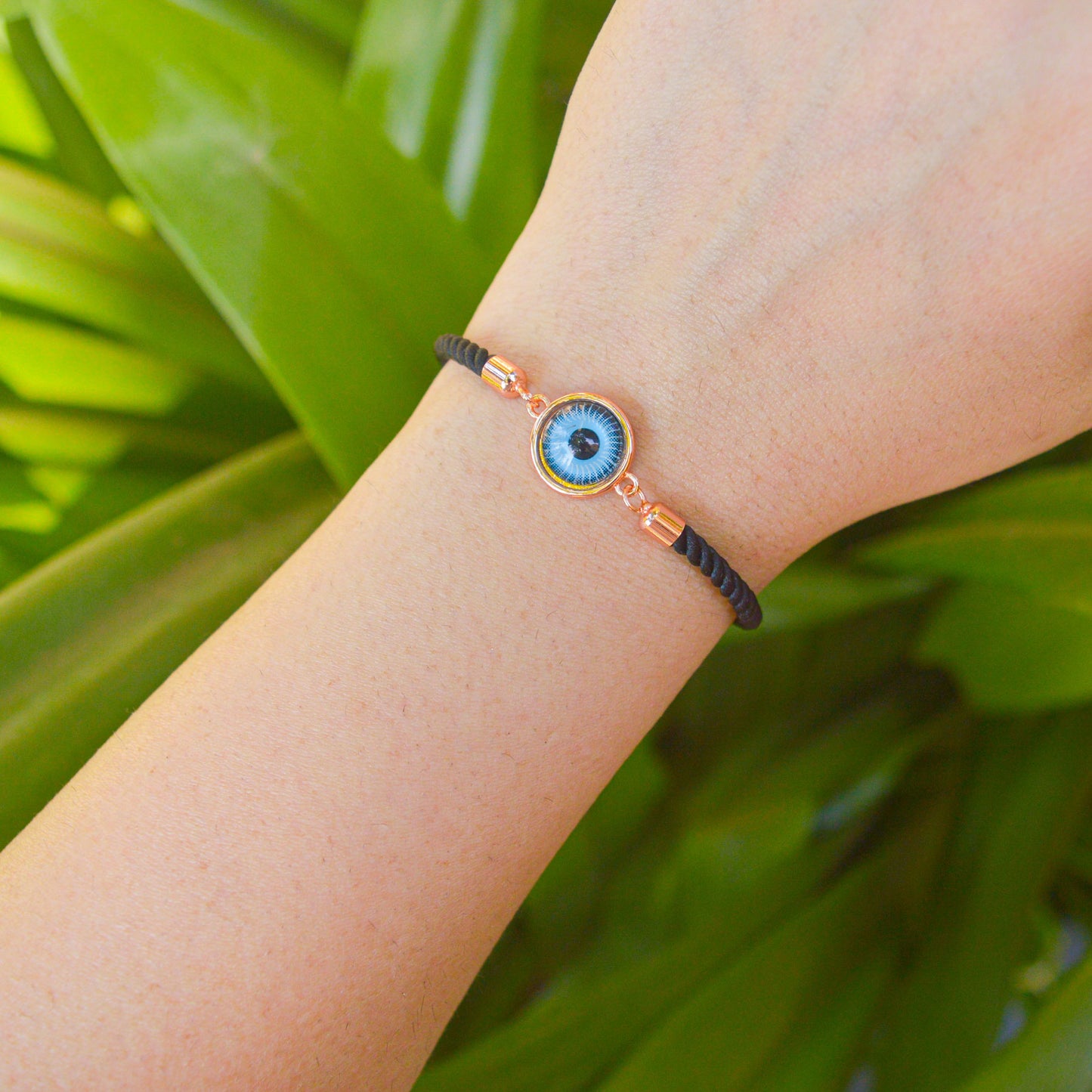 Turquoise Evil Eye Black Band Bracelet (Rose Gold)