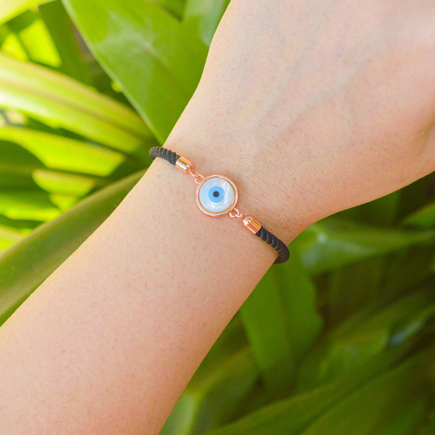 Pearl Evil Eye Black Band Bracelet (Rose Gold)