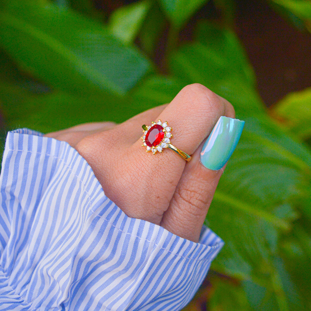 Queen Red Ruby Solitaire Chain Adjustable Ring Gold