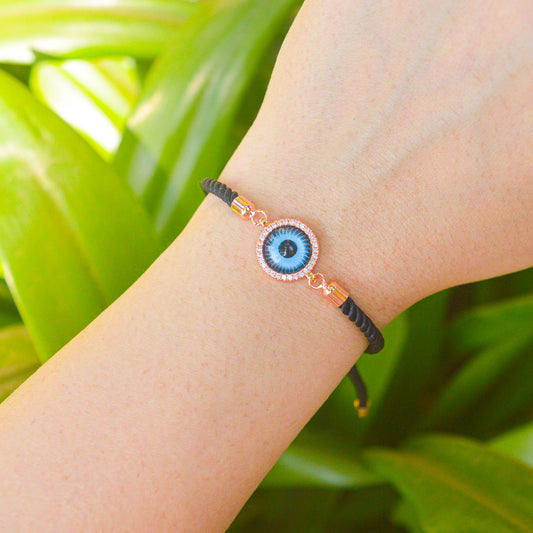 Turquoise Studded Evil Eye Black Band Bracelet (Rose Gold)