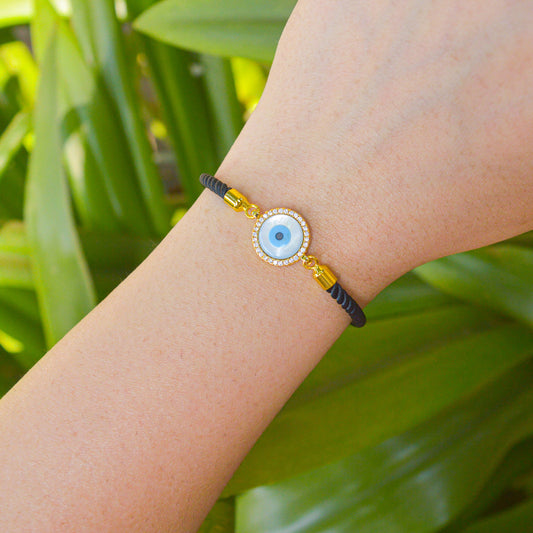 Pearl Studded Evil Eye Black Band Bracelet ( Gold)