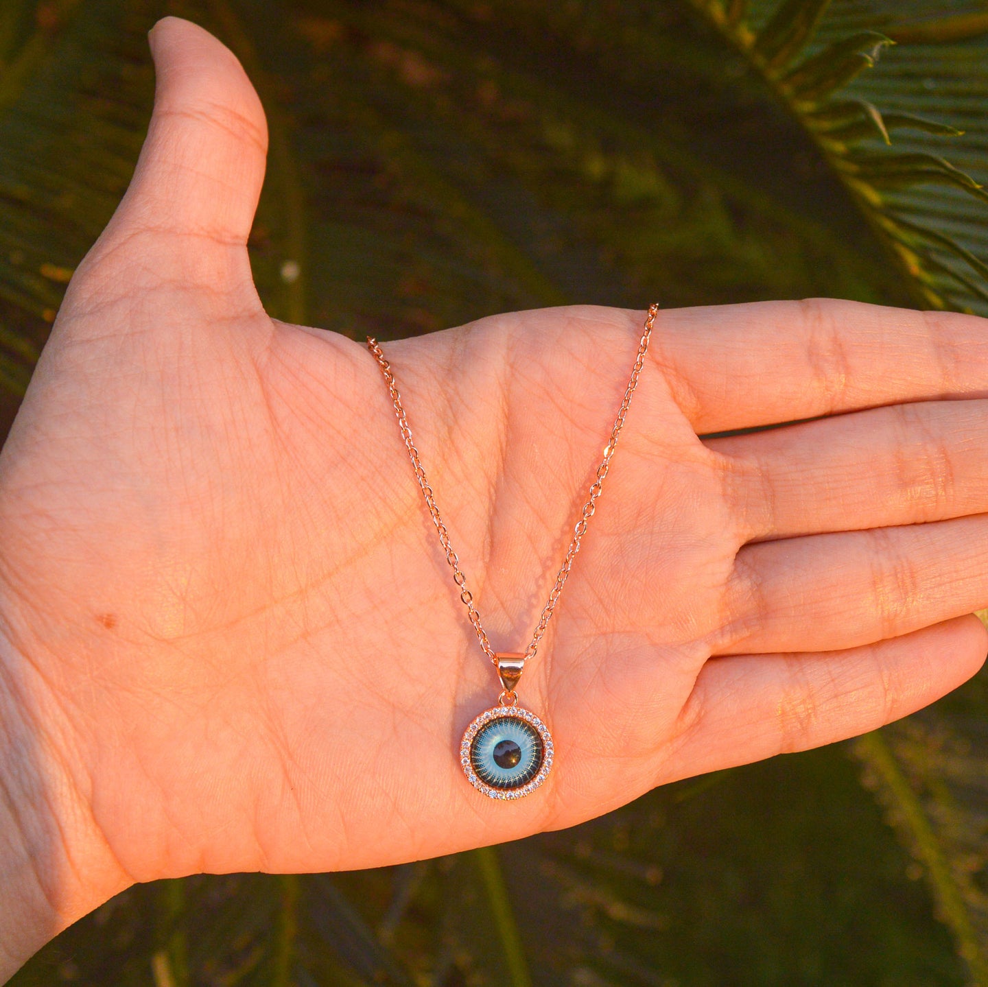 Bright Blue Iris Rose Gold Evil Eye Necklace