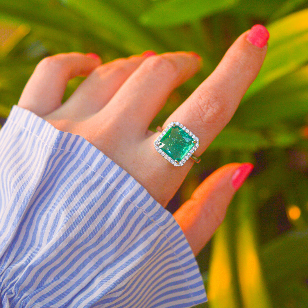 Elle Ocean Green Diamond Solitaire Adjustable Ring ( Silver )