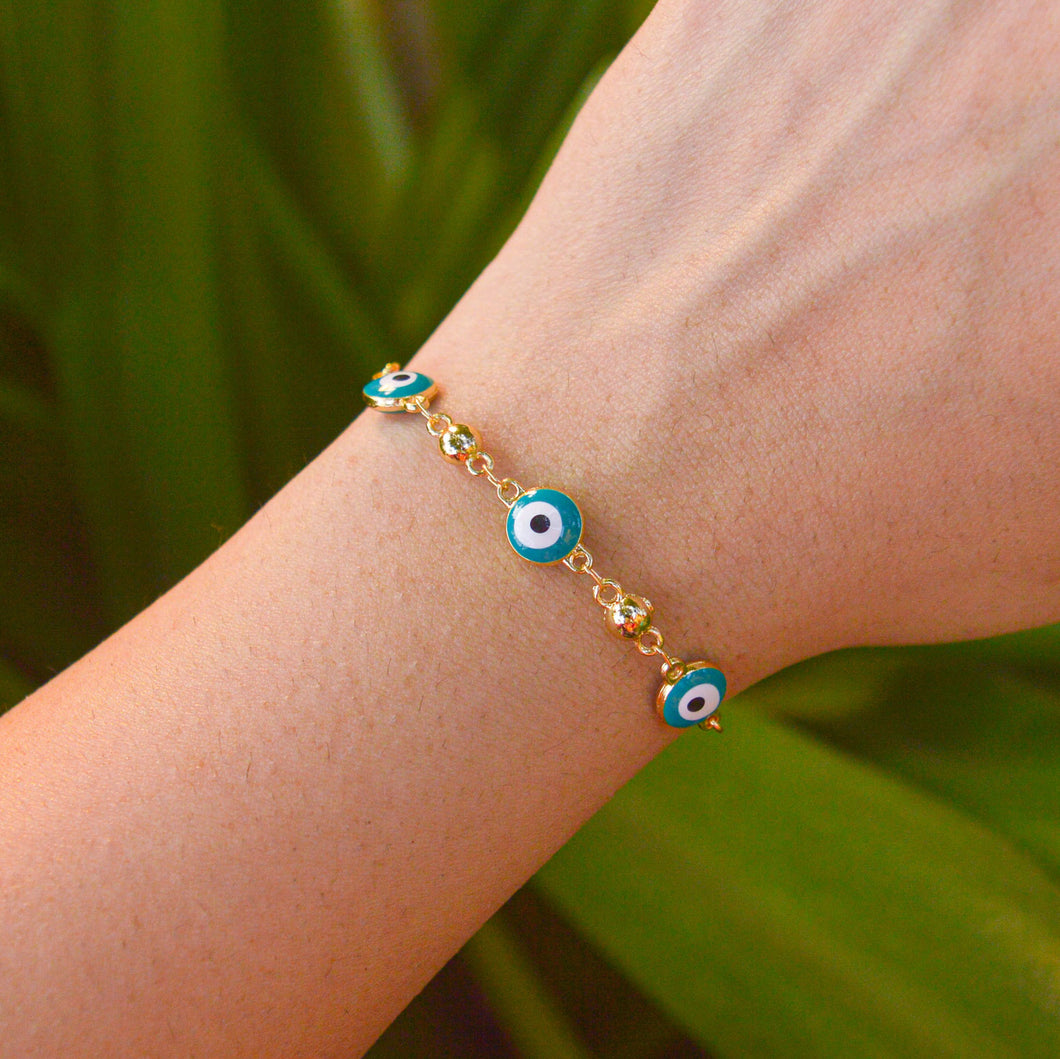 Stainless Blue and Green Evil Eye Charm Bracelet Y121 – Oro Laminado Elsa