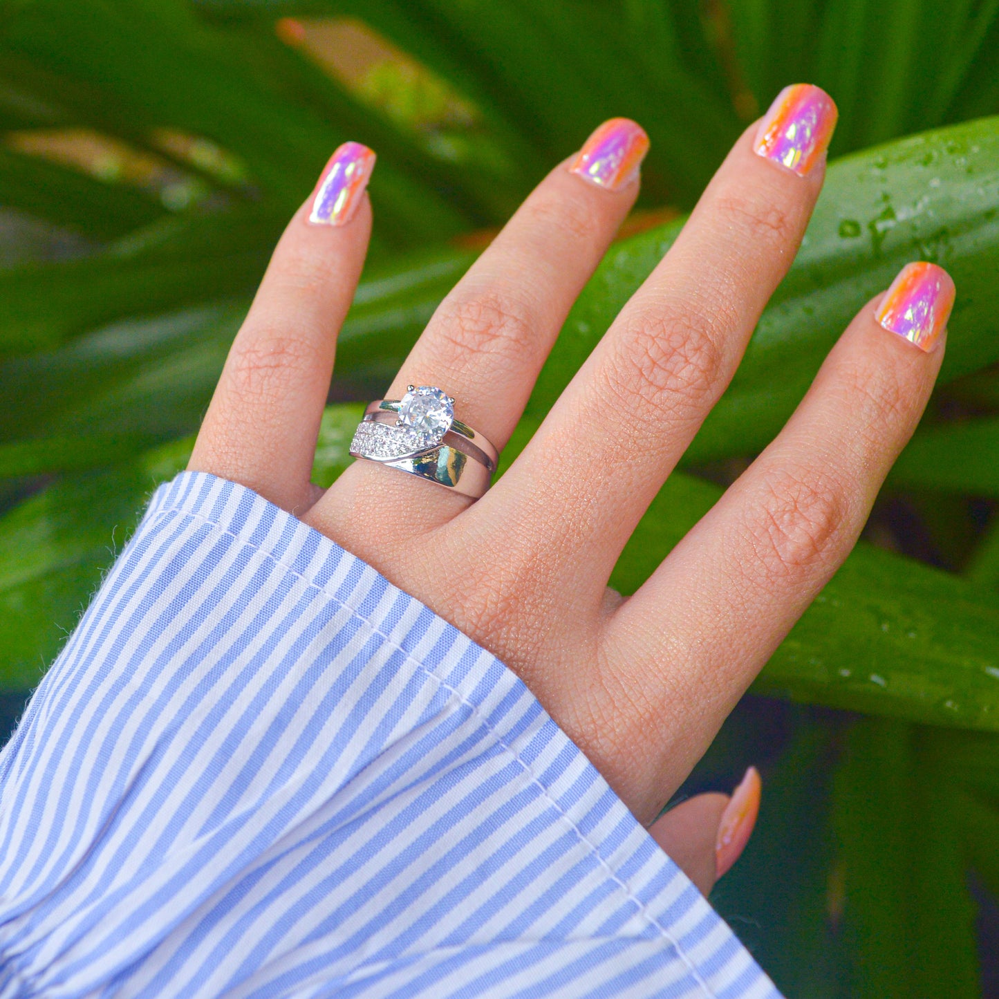 Sydney Solitaire Studded Band Ring Silver