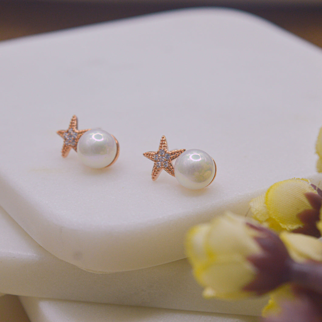 Starfish Pearl Ear Studs Earrings - Rose Gold