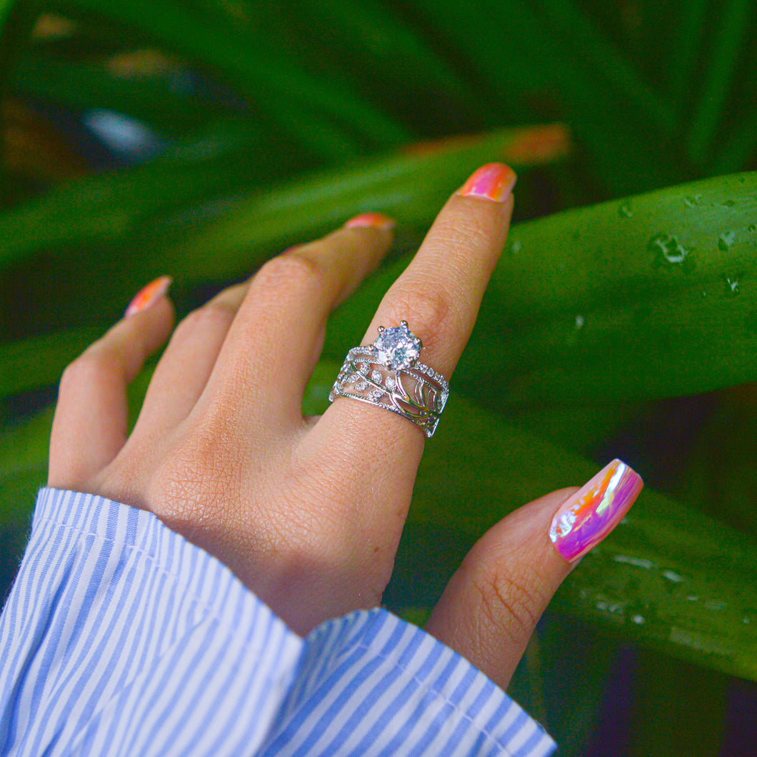 Rosalie Leaves Solitaire Stud Band White Ring Silver