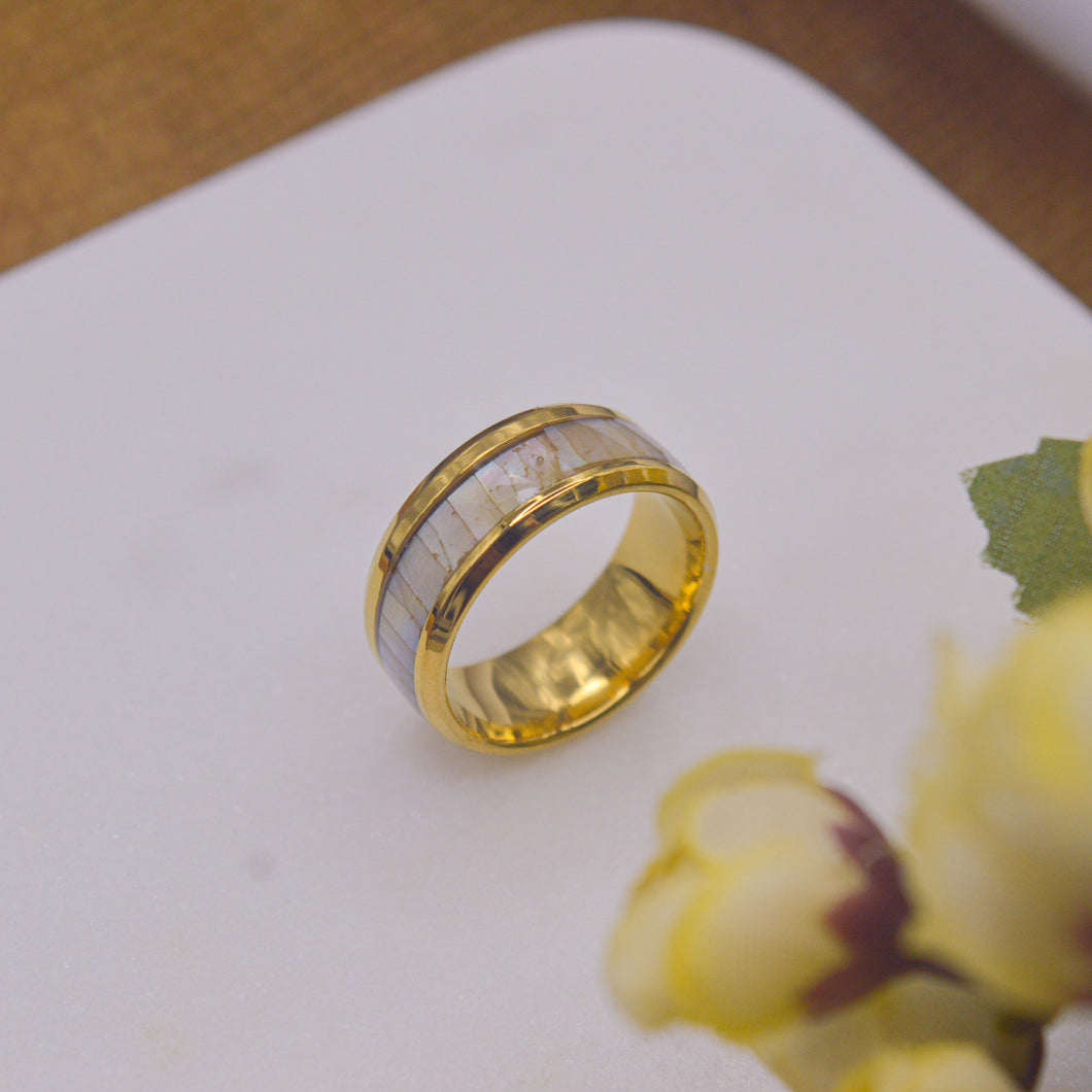 White Shiny Bark Couple Band / Men Promise Ring - Gold Border
