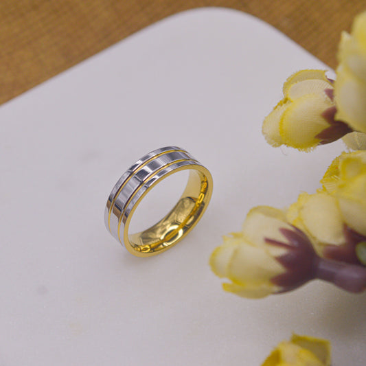 925 Silver in Gold Striped Couple Ring Band - Unisex /Men