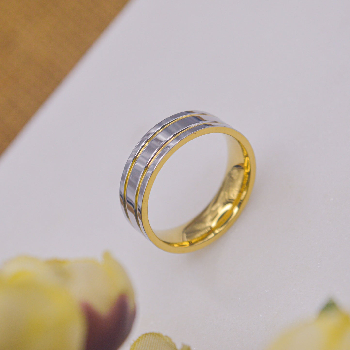 925 Silver in Gold Striped Couple Ring Band - Unisex /Men