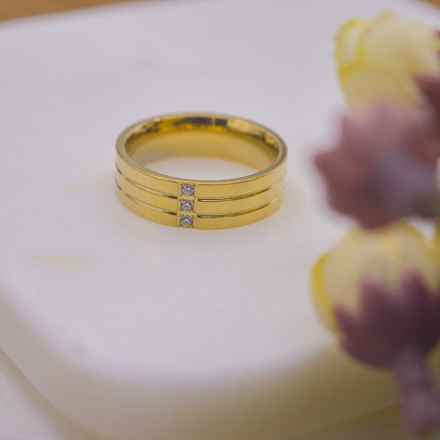 Tri Studded Plain Gold Couple Ring Band