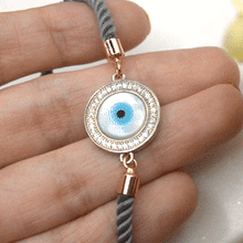 Load image into Gallery viewer, White Pearl Evil Eye Bracelet Grey Band - Silver
