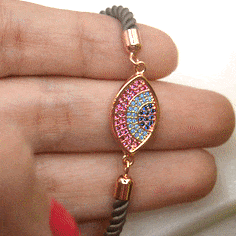 Pink Blue Evil Eye Bracelet Brown Band - Rose Gold